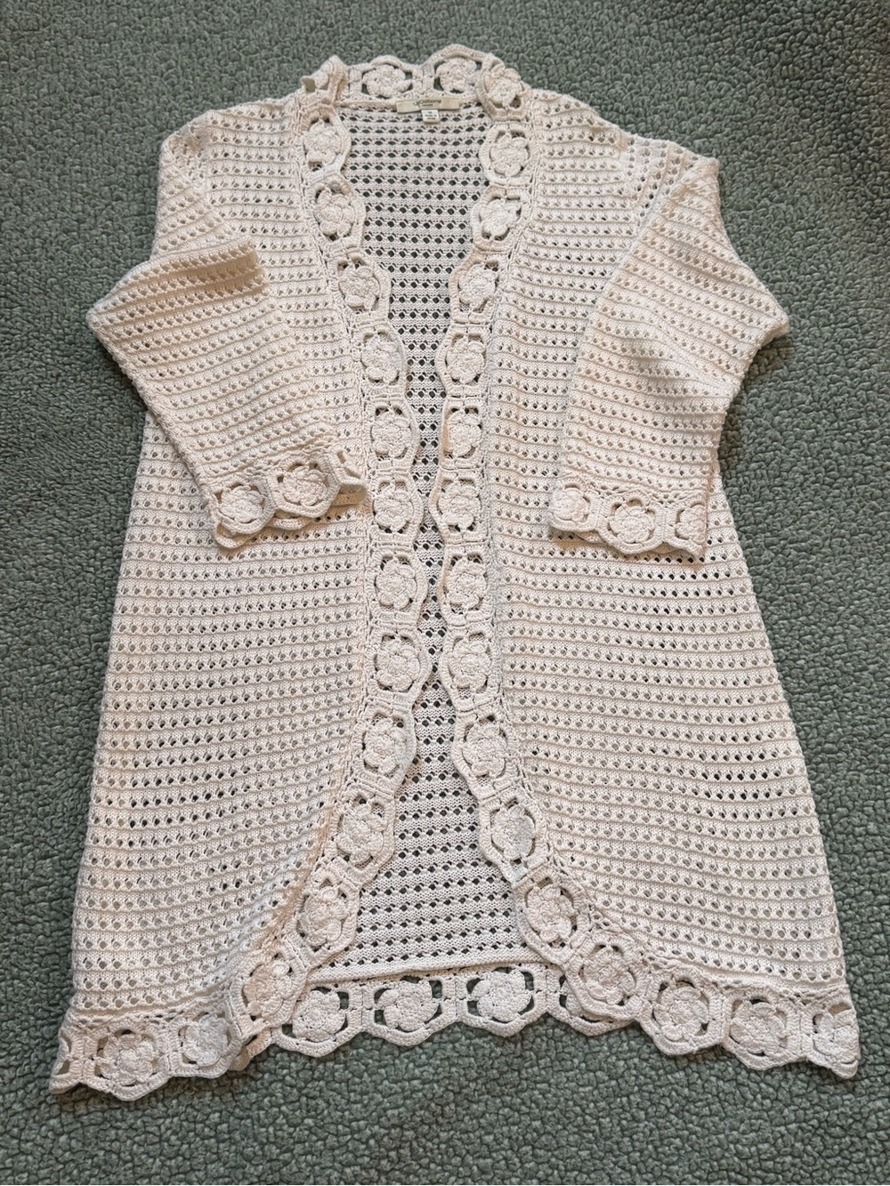 Liz Claiborne Cream Crochet Open Knit Floral Trim Cardigan Sweater Medium